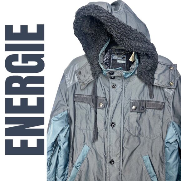 ENERGIE VINTAGE Y2K INSULATED MID LENGTH MOCK NECK PARKA HOOD GREEN GRAY, LARGE - Picture 3 of 12